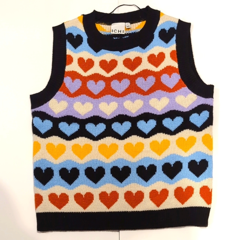 Ichi Heart Print Multicolour Sweather Vest XS Kidcore - Picture 3 of 10